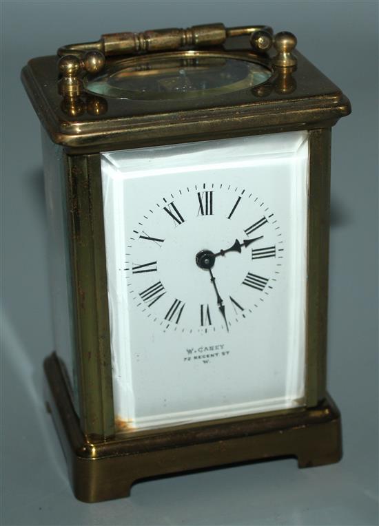 French brass eight day carriage timepiece, cased